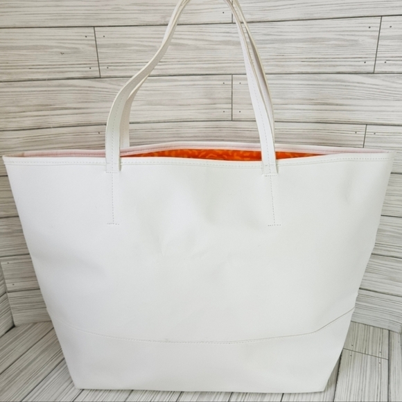 VINCE CAMUTO BELLA White & Orange Floral Laser Cut Faux Leather Tote Bag, EUC - Picture 2 of 13